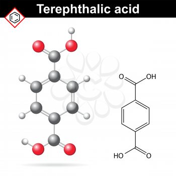 Terephthalic acid formula and chemical model, 2d and 3d illustration of molecular structure, lab vector, eps 8