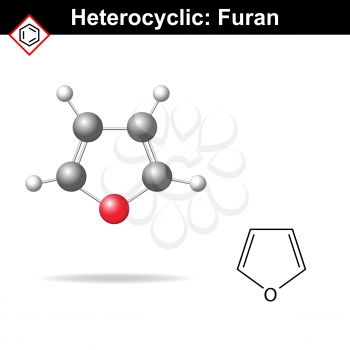 Furan - five-membered organic heterocycle, structural chemical formula and model, 2d and 3d vector illustration, isolated on white background, eps 8