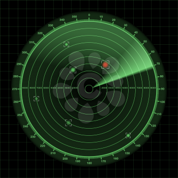 Radar or sonar screen, detection monitor background with grid, 2d vector illustration on dark background, eps 10