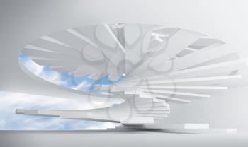 3d illustration: white abstract architecture interior with spiral stairs installation