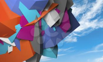 Abstract colorful  chaotic polygonal fragments on blue sky background. 3d illustration