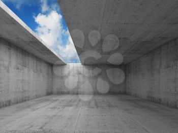 Abstract architecture, empty concrete room interior with asymmetric opening in ceiling, 3d illustration, blue sky background