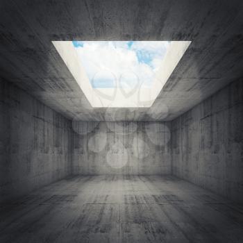Abstract architecture, empty dark concrete room interior with opening in ceiling, 3d illustration, blue sky background