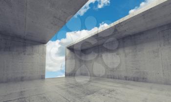 Abstract architecture background, empty concrete room interior with opening in ceiling and wall, 3d illustration