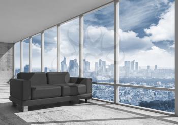 Abstract interior, office room with concrete floor, window and black leather sofa, 3d illustration with big city landscape on a background