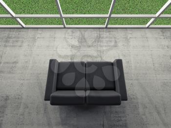 Abstract interior, concrete room with window and black leather sofa, green grass grow outside, 3d illustration