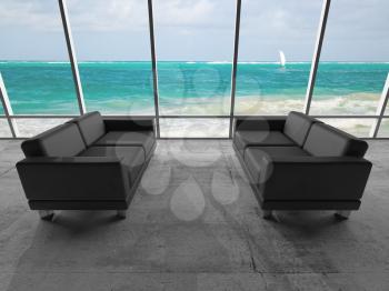 Abstract interior, room with concrete floor, window and two black leather sofas, 3d illustration with ocean coastal landscape on a background