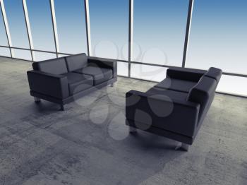 Abstract interior, office room with concrete floor, two black leather sofas near window, 3d illustration