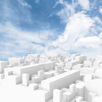 Abstract white digital 3d cityscape with natural bright cloudy sky on a background