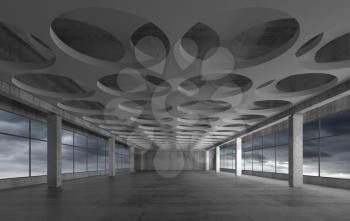 Empty concrete interior background with round holes ceiling pattern and dark stormy sky outside, 3d illustration