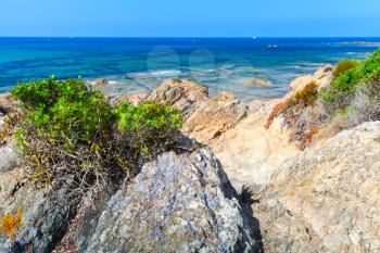 Coastal landscape with rocky wild beach, Corsica island, France. Plage De Capo Di Feno