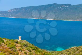 Cupabia bay landscape with ancient Genoese Campanella tower on coast, Corsica island, France