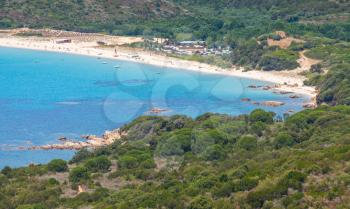 South Corsica, bright summer coastal landscape with sandy beach, birds eye view
