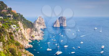 Mediterranean Sea. Coastal landscape with famous rocks of Capri island, Italy