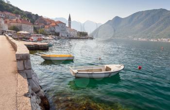 Bay of Kotor landscape with small boats. Old Perast town, Montenegro