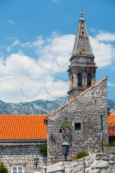  St. Nicholas Church bell tower in Perast town. Bay of Kotor