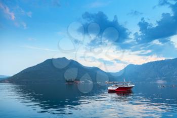 Blue morning landscape in Bay of Kotor, Montenegro