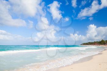 Coastal Caribbean landscape. Sandy beach on the Atlantic ocean, Dominican republic. Punta Cana