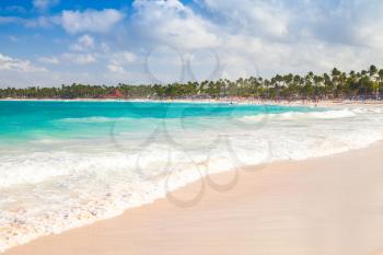 Coastal Caribbean landscape. Sandy beach on the Atlantic ocean, Hispaniola island, Dominican republic. Punta Cana
