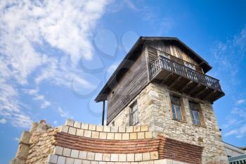 Old house with sky on background in ancient town Nessebur, Bulgaria