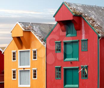 Red and yellow coastal wooden houses in Norway with seagulls nests on roofs