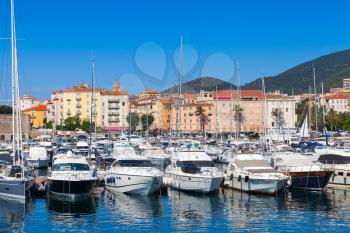 Pleasure yachts moored in marina of Ajaccio, the capital of Corsica, French island in the Mediterranean Sea