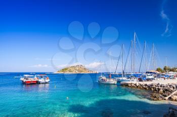 Sailing yachts moored in Agios Nikolaos. Zakynthos island, Greece. Popular touristic destination for summer vacations
