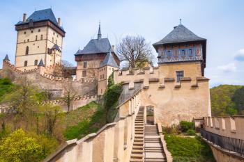 Karlstejn castle exterior. Gothic castle founded 1348 CE by Charles IV, Holy Roman Emperor-elect and King of Bohemia. Located in Karlstejn village, Czech Republic