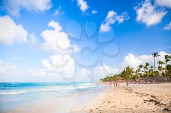 Coastal Caribbean landscape. Sandy beach view. Atlantic ocean coast, Hispaniola island, Dominican republic. Punta Cana