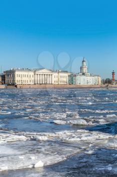 Winter landscape with floating ice on Neva river in St. Petersburg, Russia