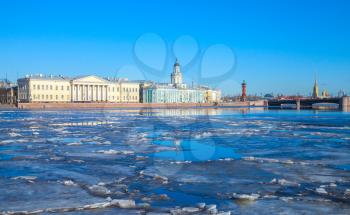 Cityscape with ice floating  on Neva river in Saint-Petersburg, Russia