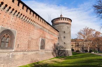 Exterior of Sforza Castle. Milan, Italy. It was built in the 15th century. Later renovated and enlarged, in the 16th and 17th centuries. Extensively rebuilt by Luca Beltrami in 1891–1905