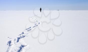 Footsteps of lonely person walking on frozen Baltic Sea covered with snow
