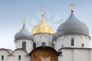 Domes and crosses of St. Sophia Cathedral, Novgorod, Russia