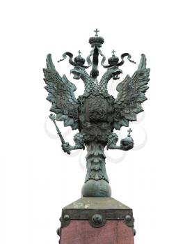 Two-headed eagle, Russian coat of arms isolated on white. Symbol of imperial Russia. Decoration of Rostral Сolumns of Trinity Bridge, built in 1903. St. Petersburg, Russia