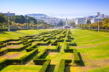 Edward VII. Sloped, scenic park featuring tree-lined walking paths. Lisbon, Portugal