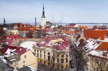 Old Tallinn panorama. Houses with red roofs and church St. Olaf