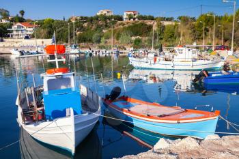 Old wooden fishing boats moored in Tsilivi town. Zakynthos. Greek island in the Ionian Sea