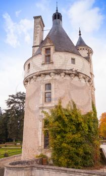 Tower of Chateau de Chenonceau, medieval castle in Loire Valley. It was built in 15 century, mixture of late Gothic and early Renaissance. Unesco heritage site