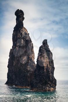 Tall rocky Islets of the Ribeira da Janela, natural landmarks of Madeira island, Portugal