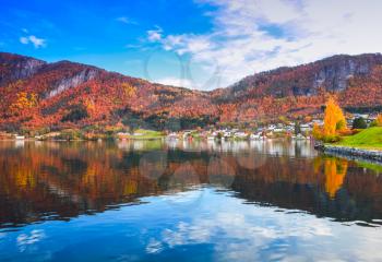 Kyrksaeterora bay, Norway. Rural Norwegian landscape at autumn day
