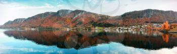 Extra wide panoramic rural Norwegian landscape at autumn day. Kyrksaeterora village, Norway
