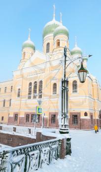 Saint-Petersburg, Russia. Street view with Saint Isidore Church in winter