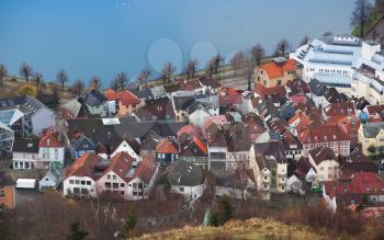 Bergen, Norway. Cityscape with wooden houses on Lille Lungegardsvannet lake coast. Aerial view 