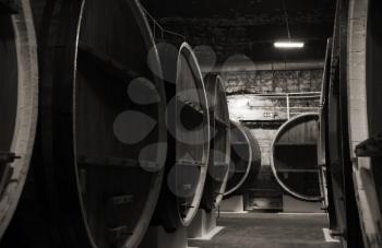 Vintage wooden barrels in dark winery basement, monochrome photo with selective focus