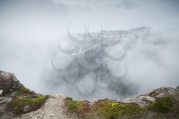 Foggy mountain landscape of Foros rocks in spring morning. Crimea peninsula, Black Sea coast
