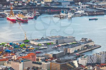 Industrial cityscape of Bergen, Norway. Cargo port, aerial view 