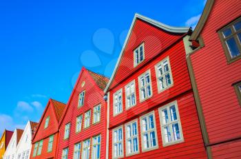 Traditional old Norwegian red wooden houses, Bergen Bryggen, Norway