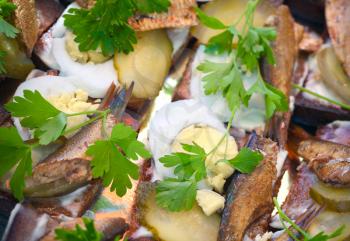 Russian appetizer background. Tasty sandwiches with sprats.