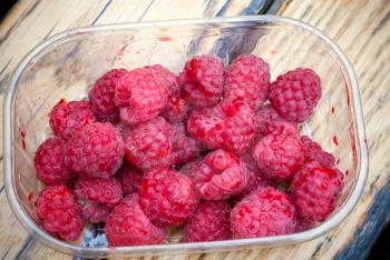 Fresh raspberry in plastic container